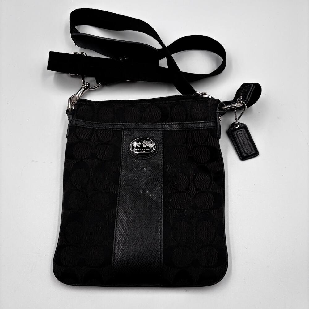 Coach Signature C Canvas Crossbody Bag Black Grey Metallic Stripe 9" x 7"